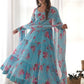 Beautiful Sky-Blue Floral Printed Georgette Anarkali Pant Suit