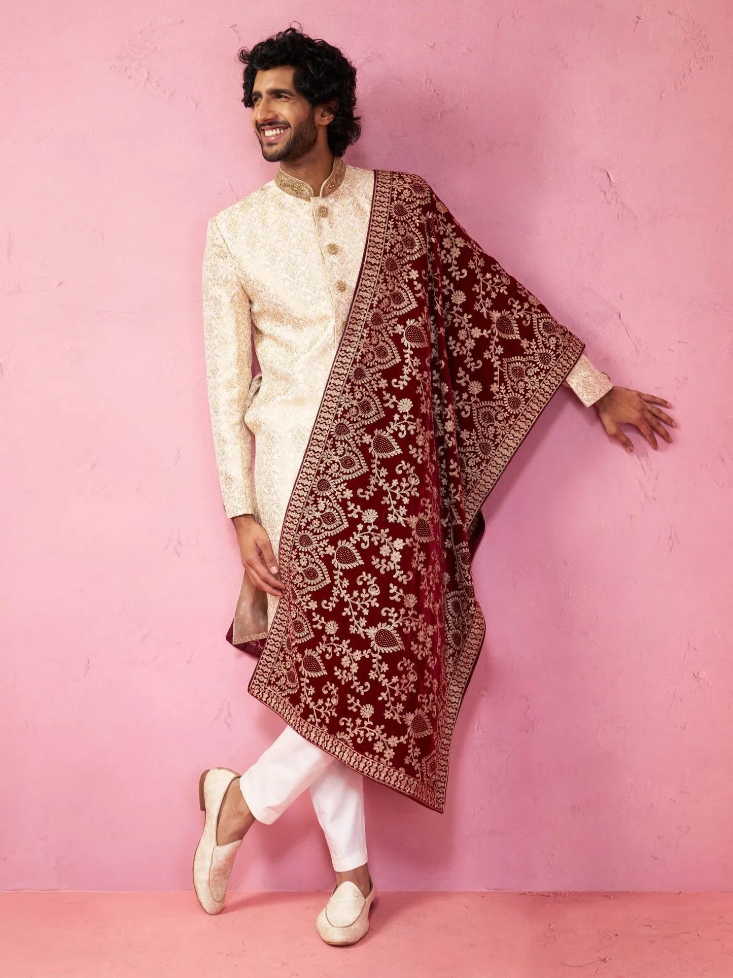 Men's Beige Silk Blend Sherwani Set with Cream Pyjama