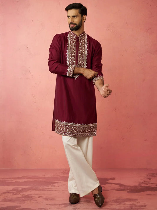 Men's Chanderi Kurta Set with Cream Pant