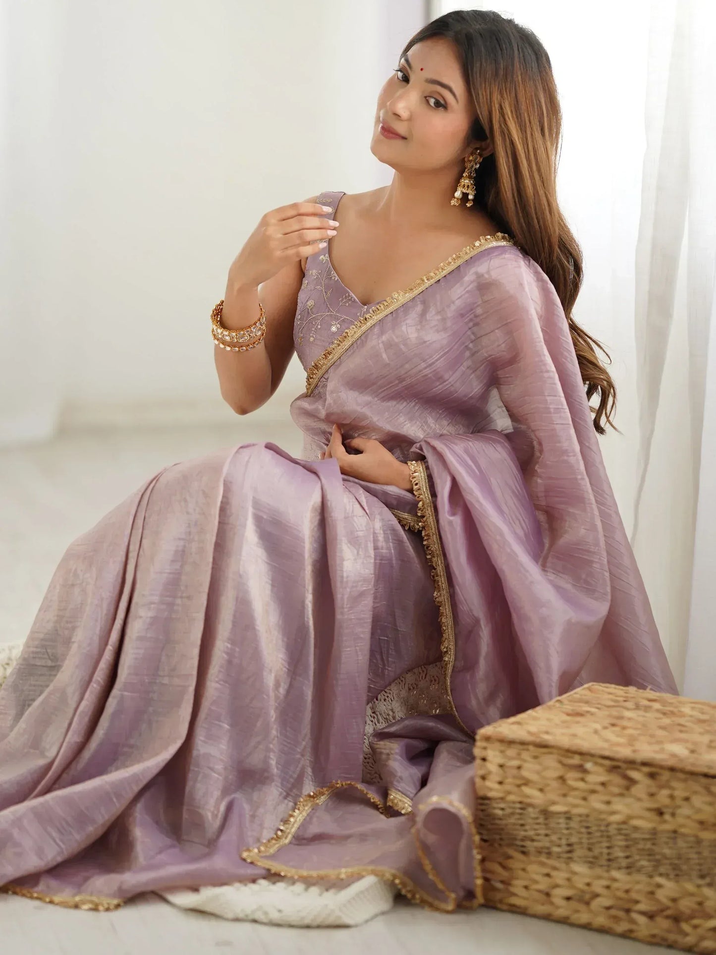 Spectacular Light Mauve Tissue Silk Pre Stitched Saree With Blouse