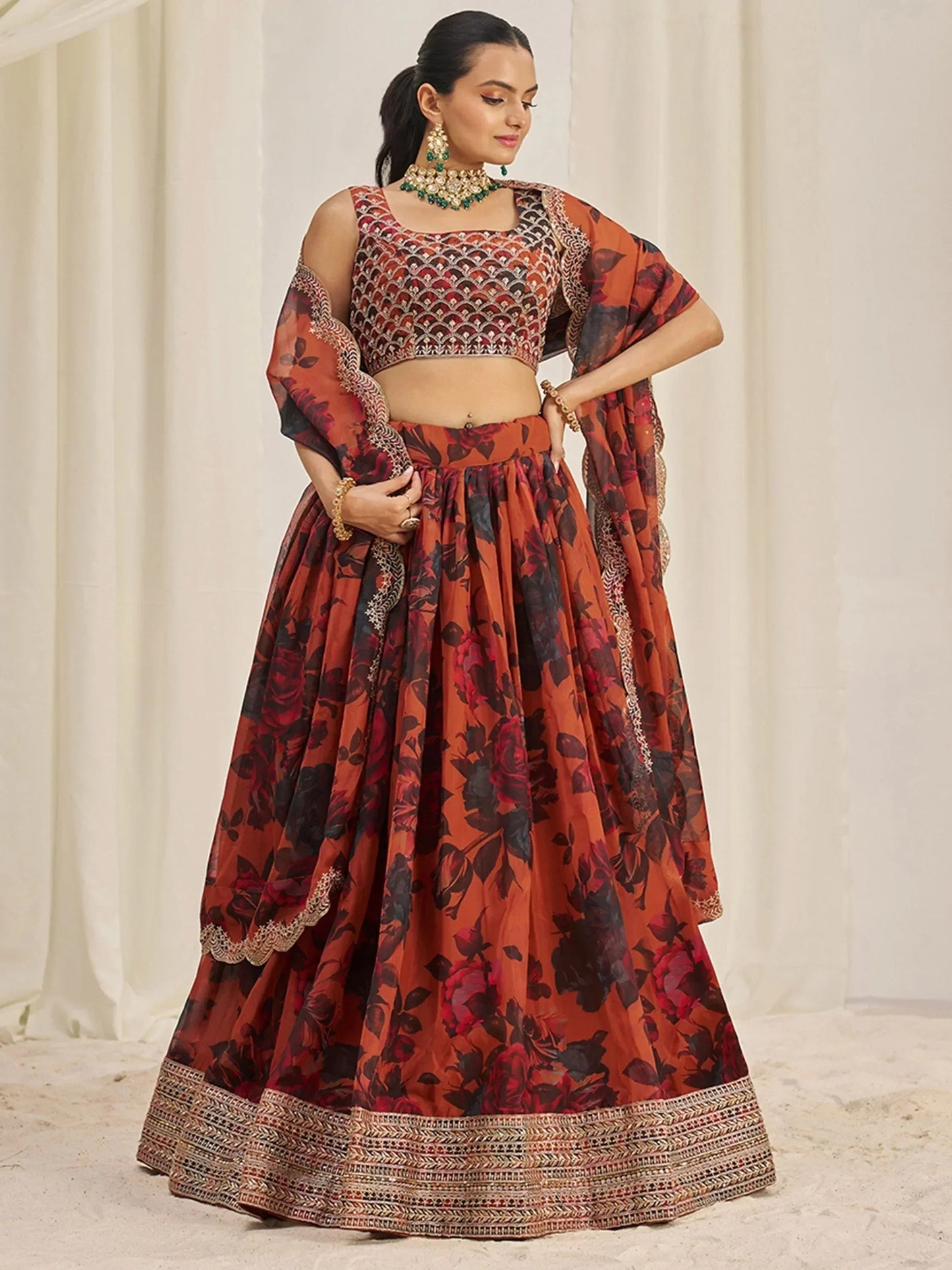 Stunning Orange Sequins Organza Party Wear Lehenga Choli With Dupatta