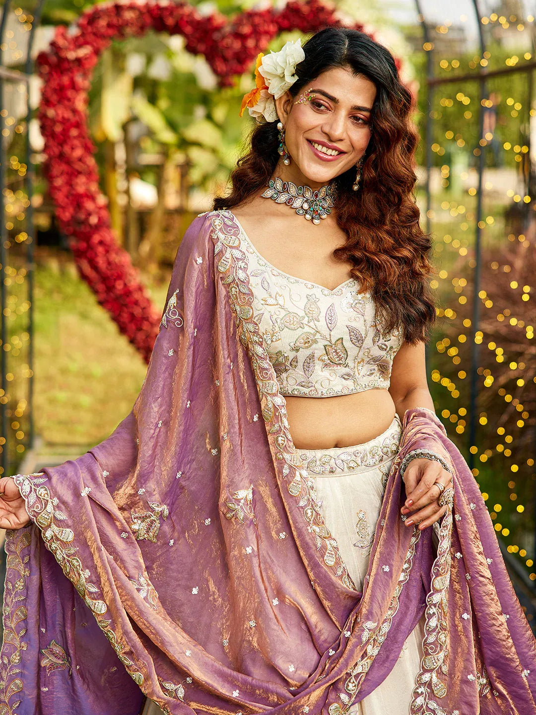Tissue Fabric with Sequins & Thread Embroidery Semi-Stitched Lehenga Choli & Dupatta - Green/Orange/Purple