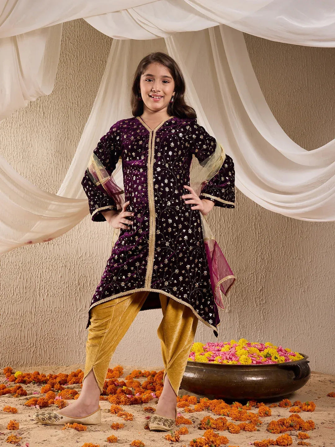 Girls Purple & Golden Embroidered Velvet A-Line Kurta & Dhoti With Dupatta