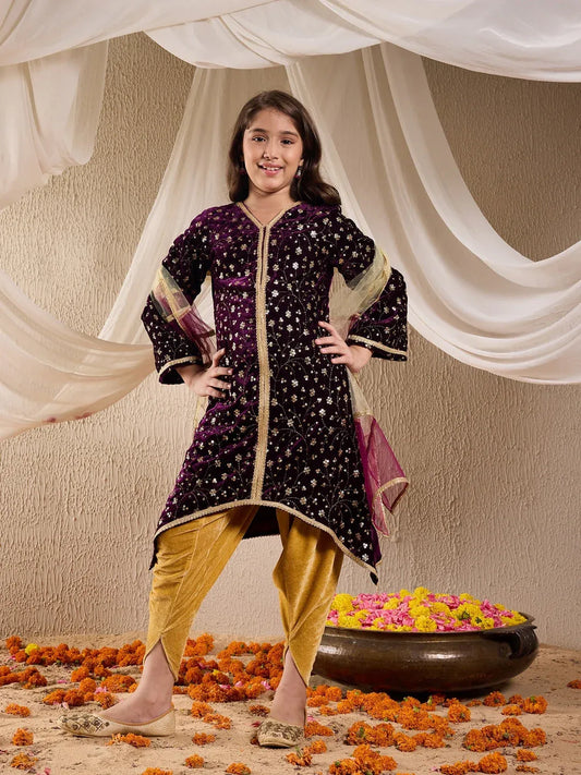 Girls Purple & Golden Embroidered Velvet A-Line Kurta & Dhoti With Dupatta