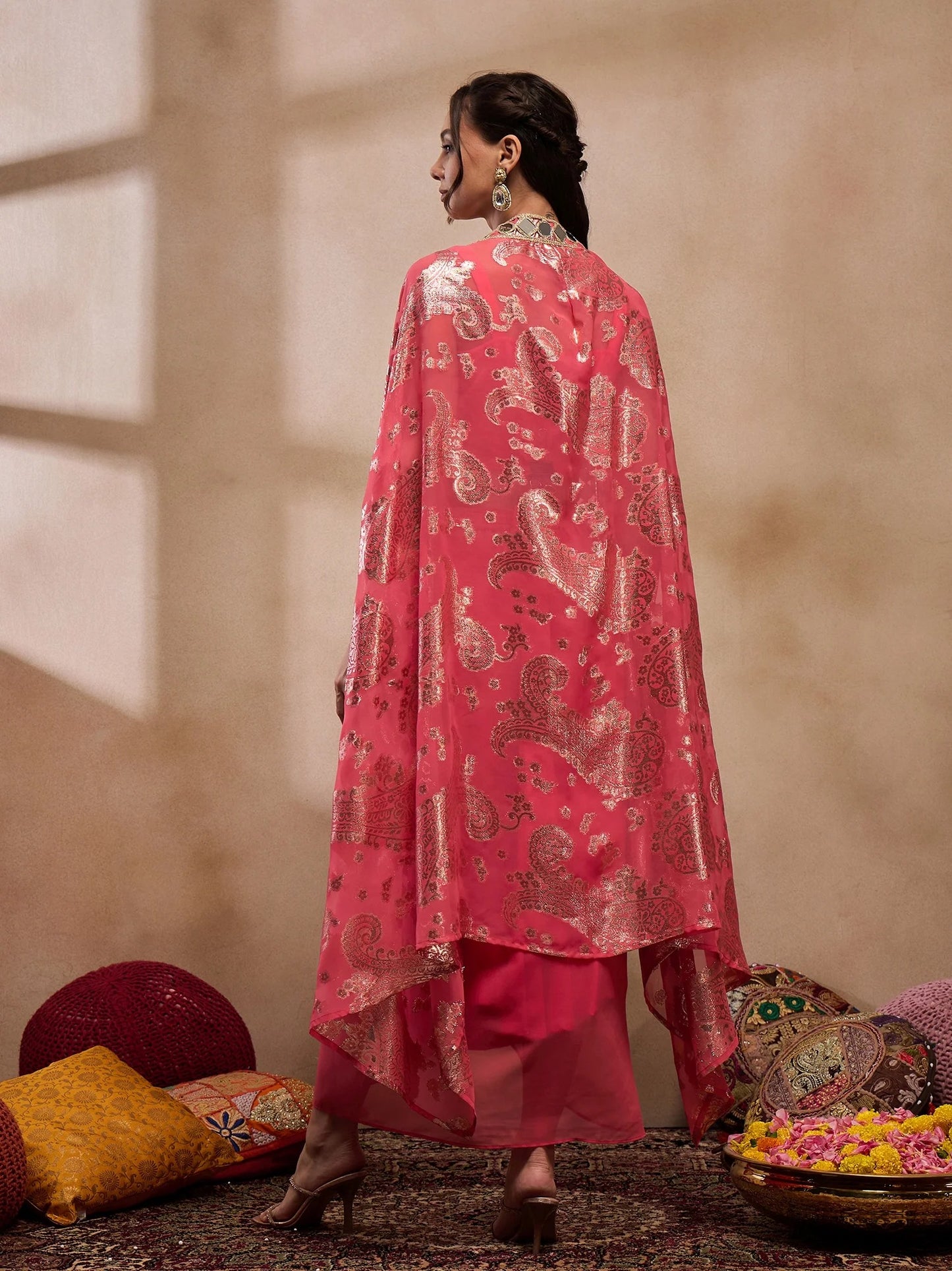 Coral V-Neck Crop Top With Draped Skirt & Cape