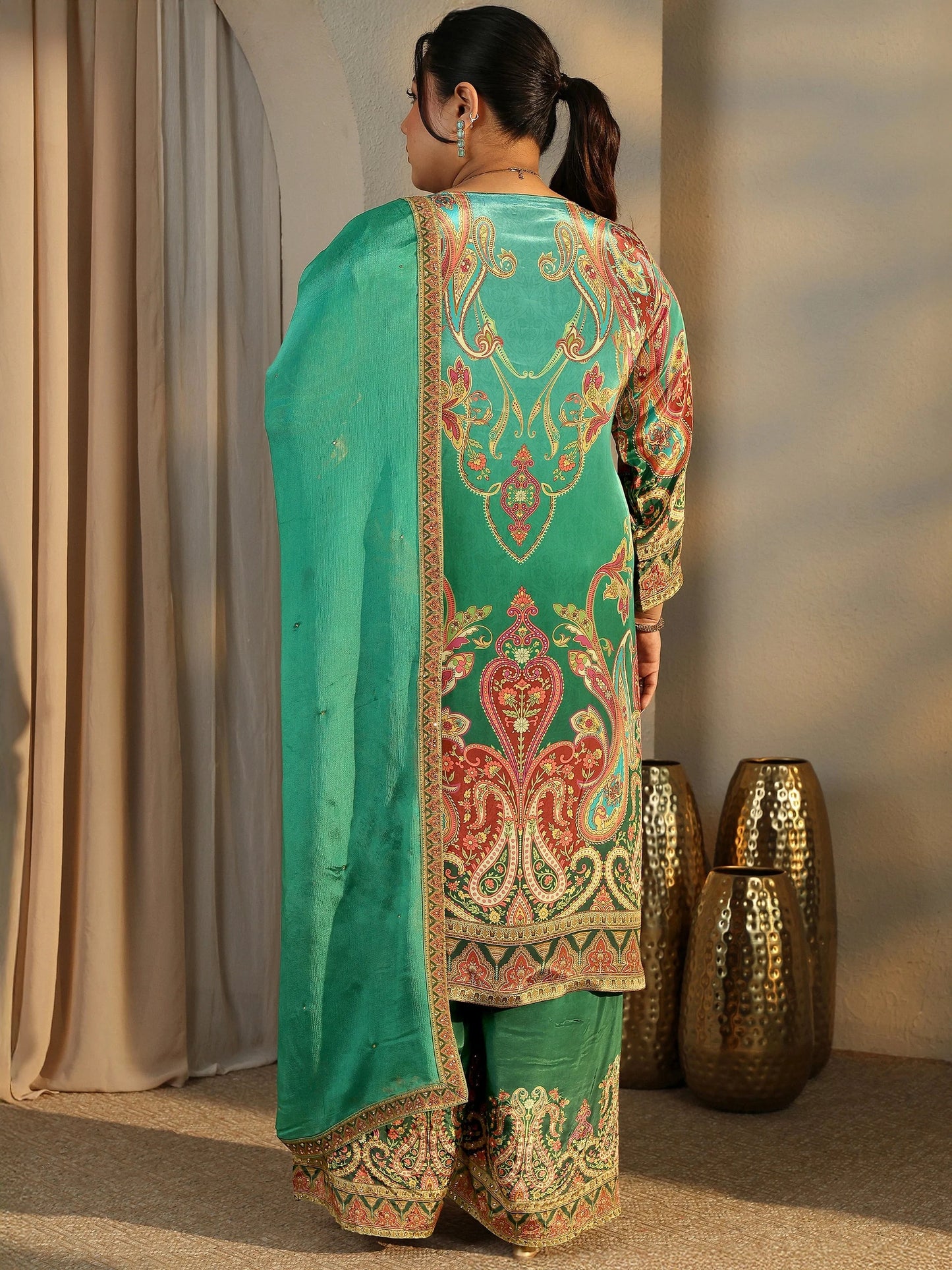Plus Size Green Embroidered Crepe Straight Suit Set With Dupatta
