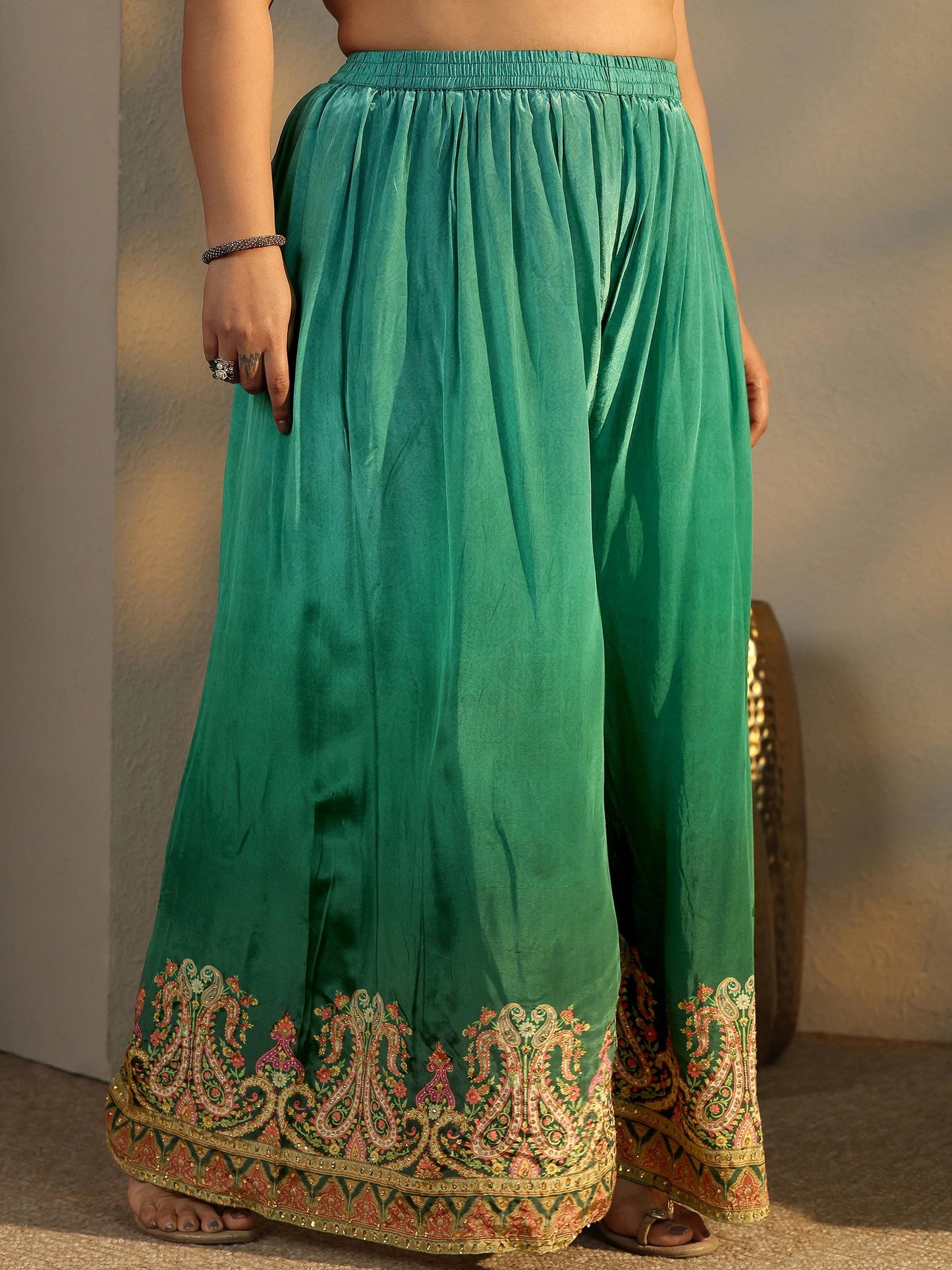 Plus Size Green Embroidered Crepe Straight Suit Set With Dupatta