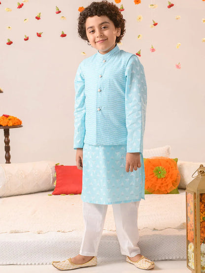 Boys Blue & White Printed Pure Cotton Straight Fit Kurta With Pyjamas & Nehru Jacket