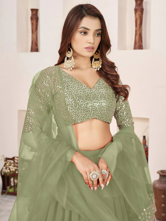 Embroidered Sequinned Semi-Stitched Lehenga & Unstitched Blouse With Dupatta