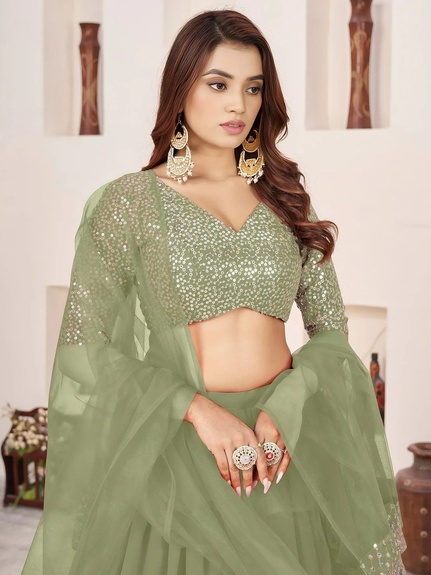 Embellished Sequinned Semi-Stitched Lehenga Choli With Dupatta