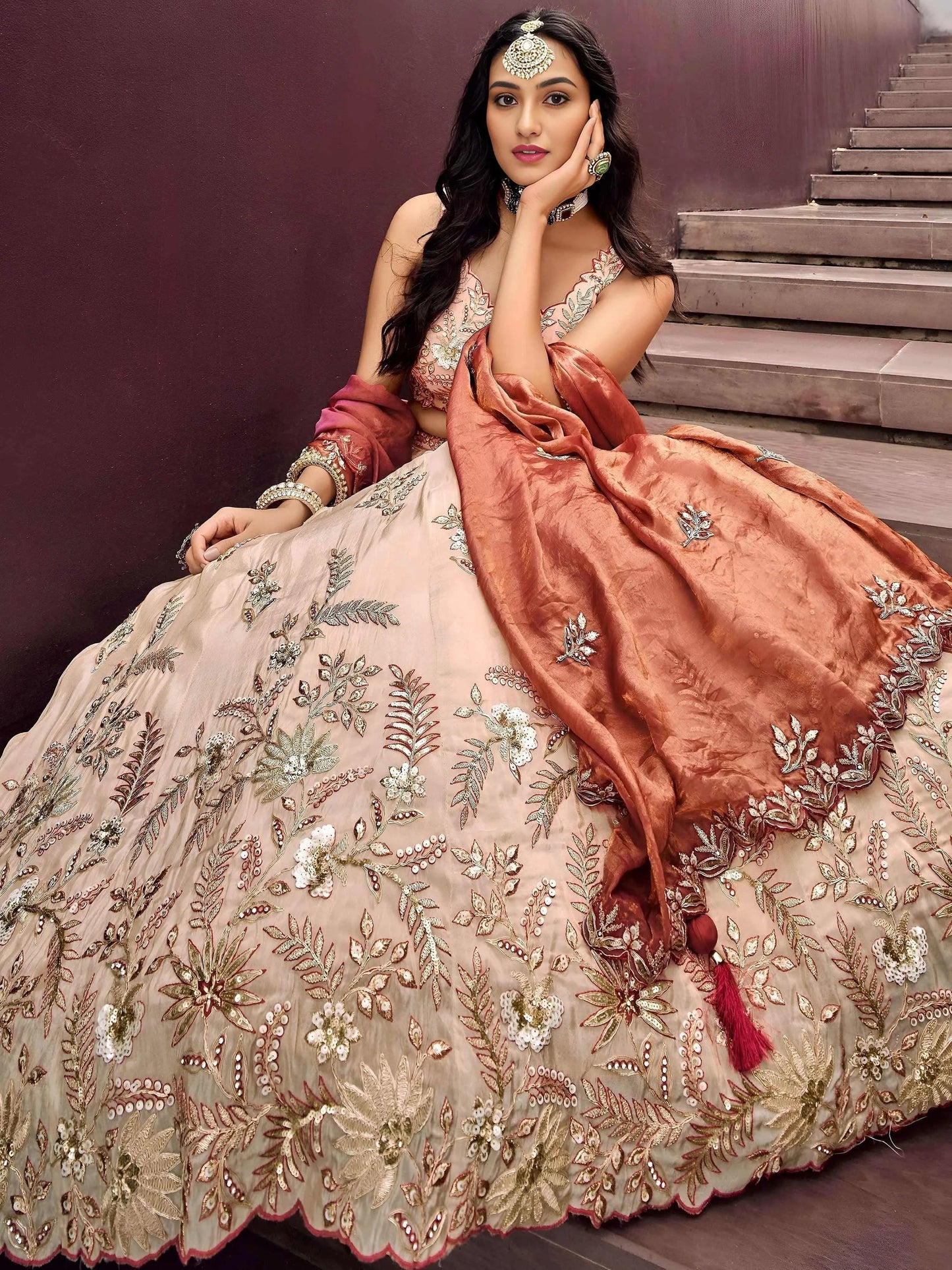 Precious Soft Beige Embroidered Silk Wedding Wear Lehenga Choli