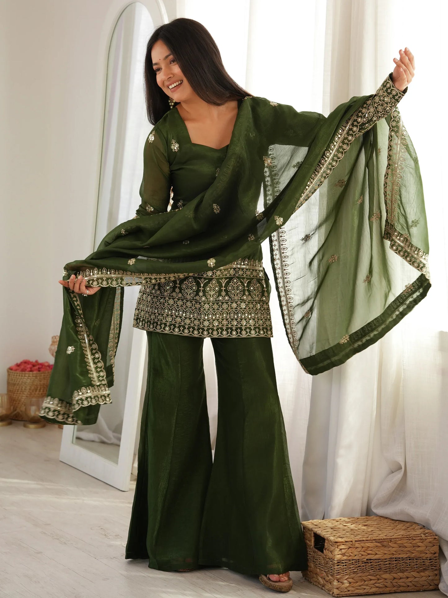 Green Zari Work Silk Mehendi Wear Palazzo Suit