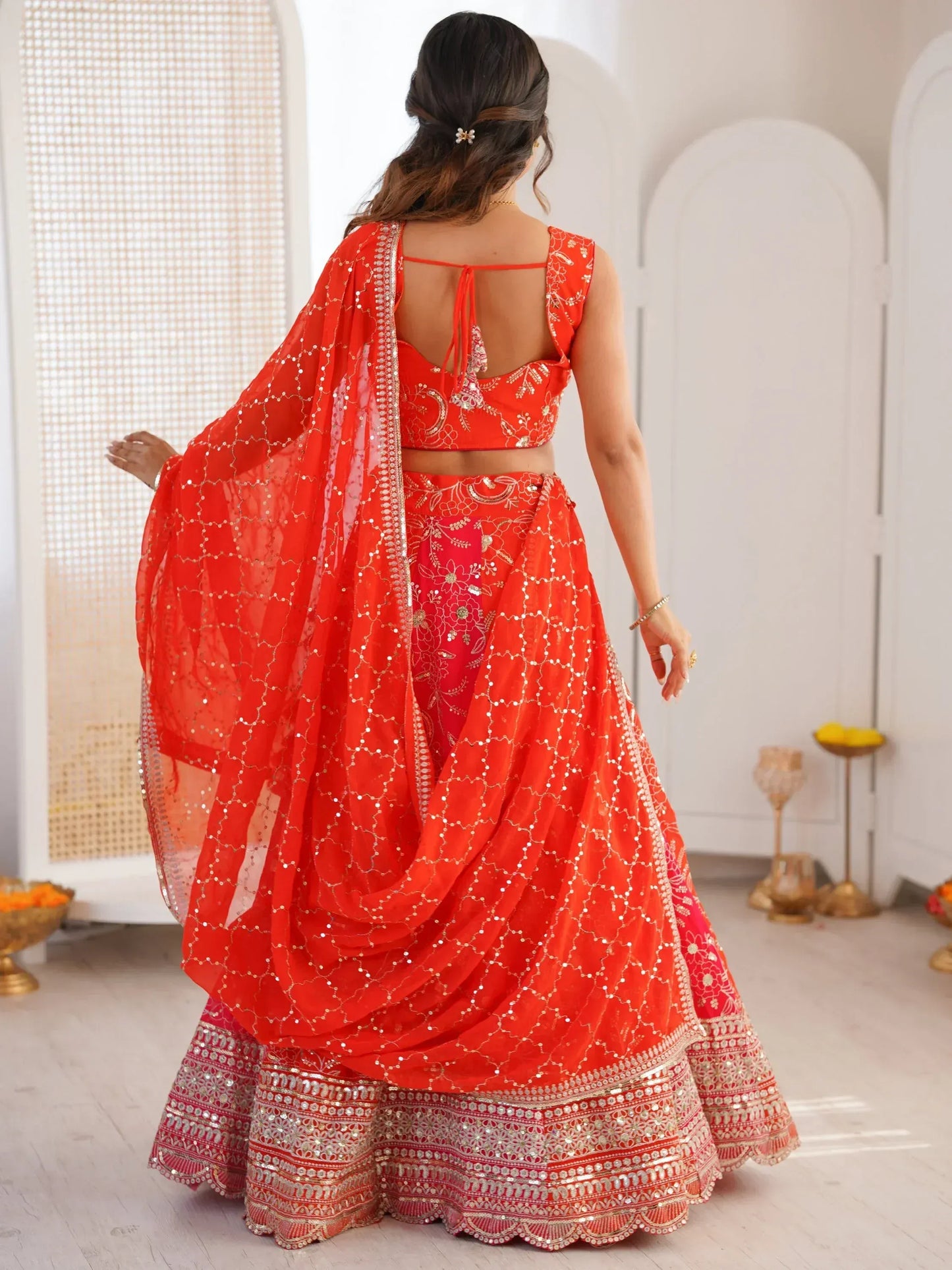 Stunning Orange Thread Work Georgette Function Wear Lehenga Choli