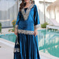 Teal blue and purple velvet mirror work sharara set for women, festive party wear, view 7