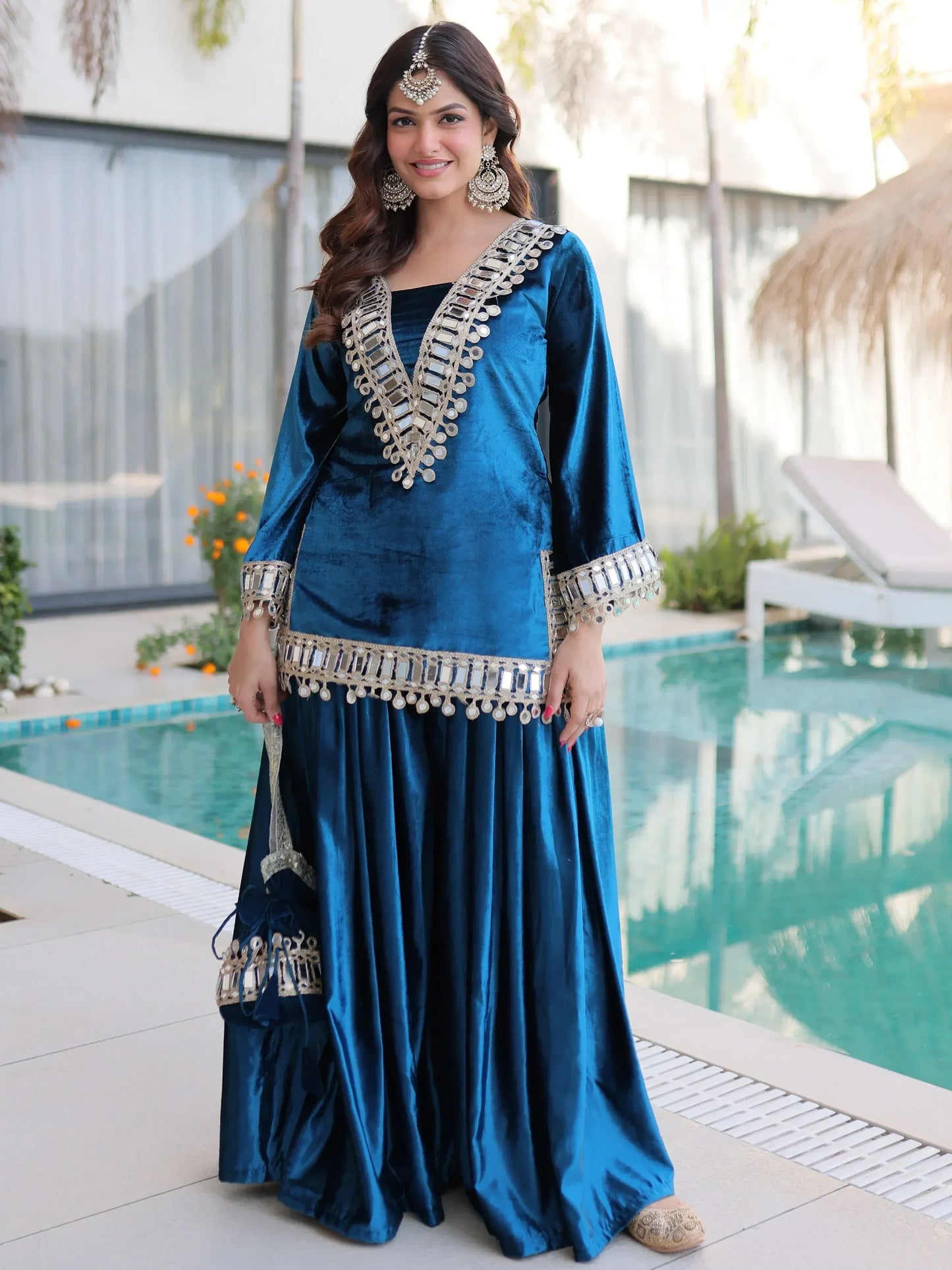 Teal blue and purple velvet mirror work sharara set for women, festive party wear, view 7