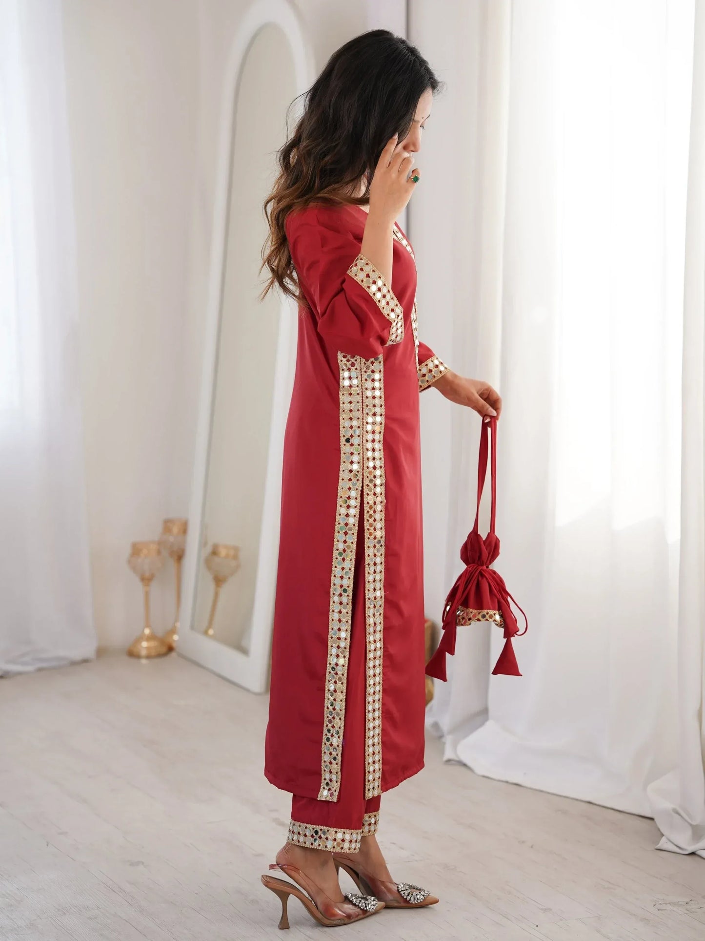 Stylish Mirror Laced Crepe Wedding Wear Kurti With Pant
