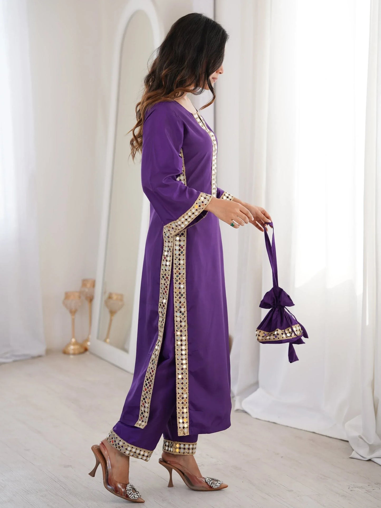 Stylish Mirror Laced Crepe Wedding Wear Kurti With Pant