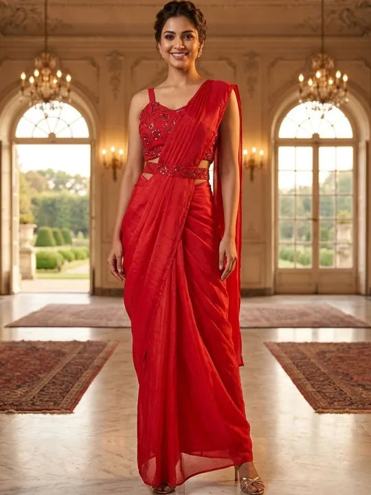 Red Sequin Embellished Party Wear Saree