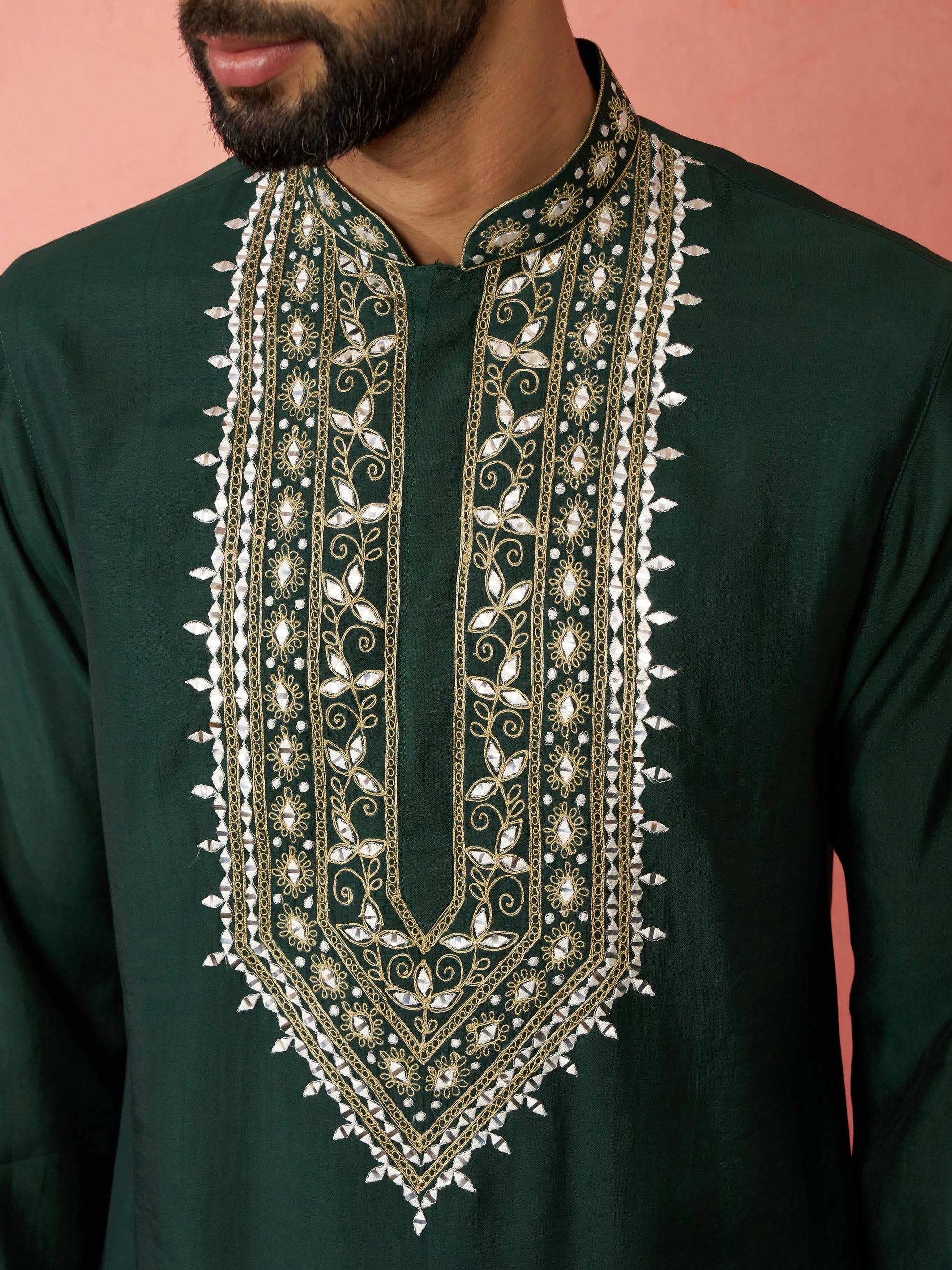 Men's chanderi kurta set with cream pant, view 4