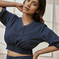 Womens Navy Blue V-Neck Cambric Crop Top with Joggers Yoga Pants