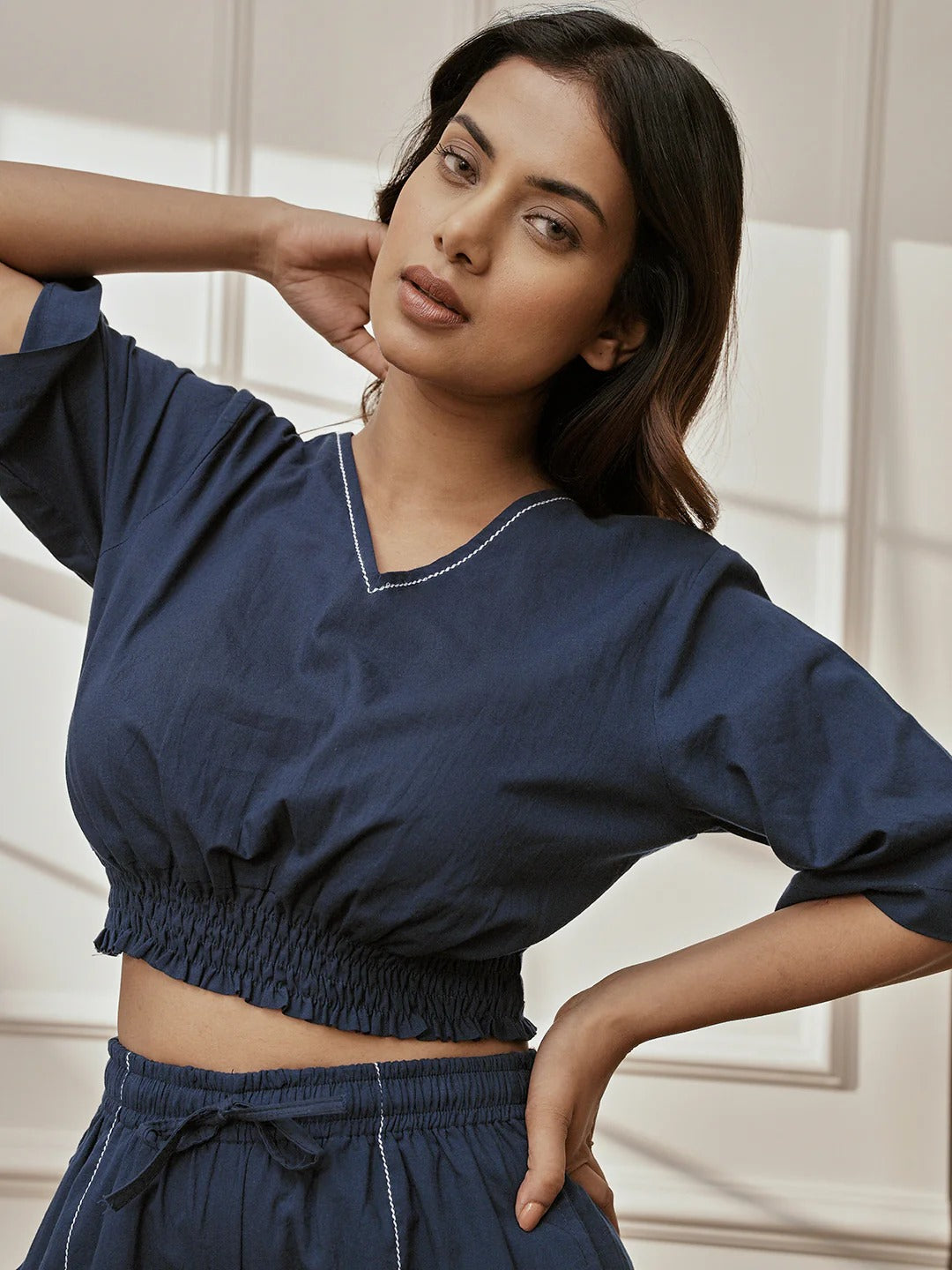 Womens Navy Blue V-Neck Cambric Crop Top with Joggers Yoga Pants