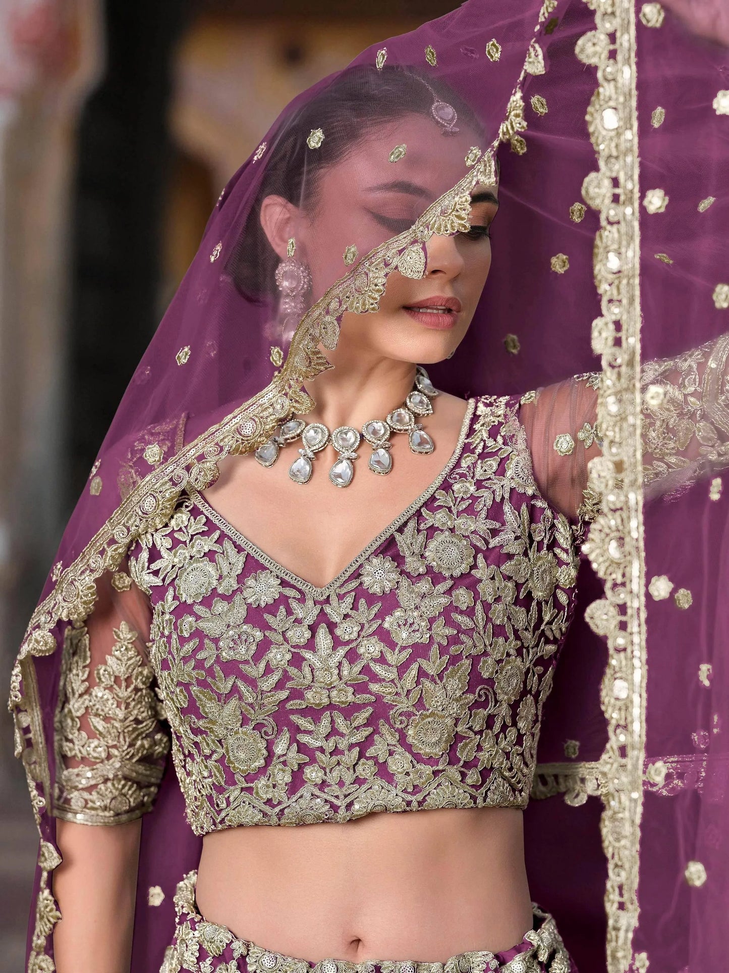 Zari Work Net Bridesmaid Lehenga Choli With Dupatta - Pista Green, Purple, Teal Green