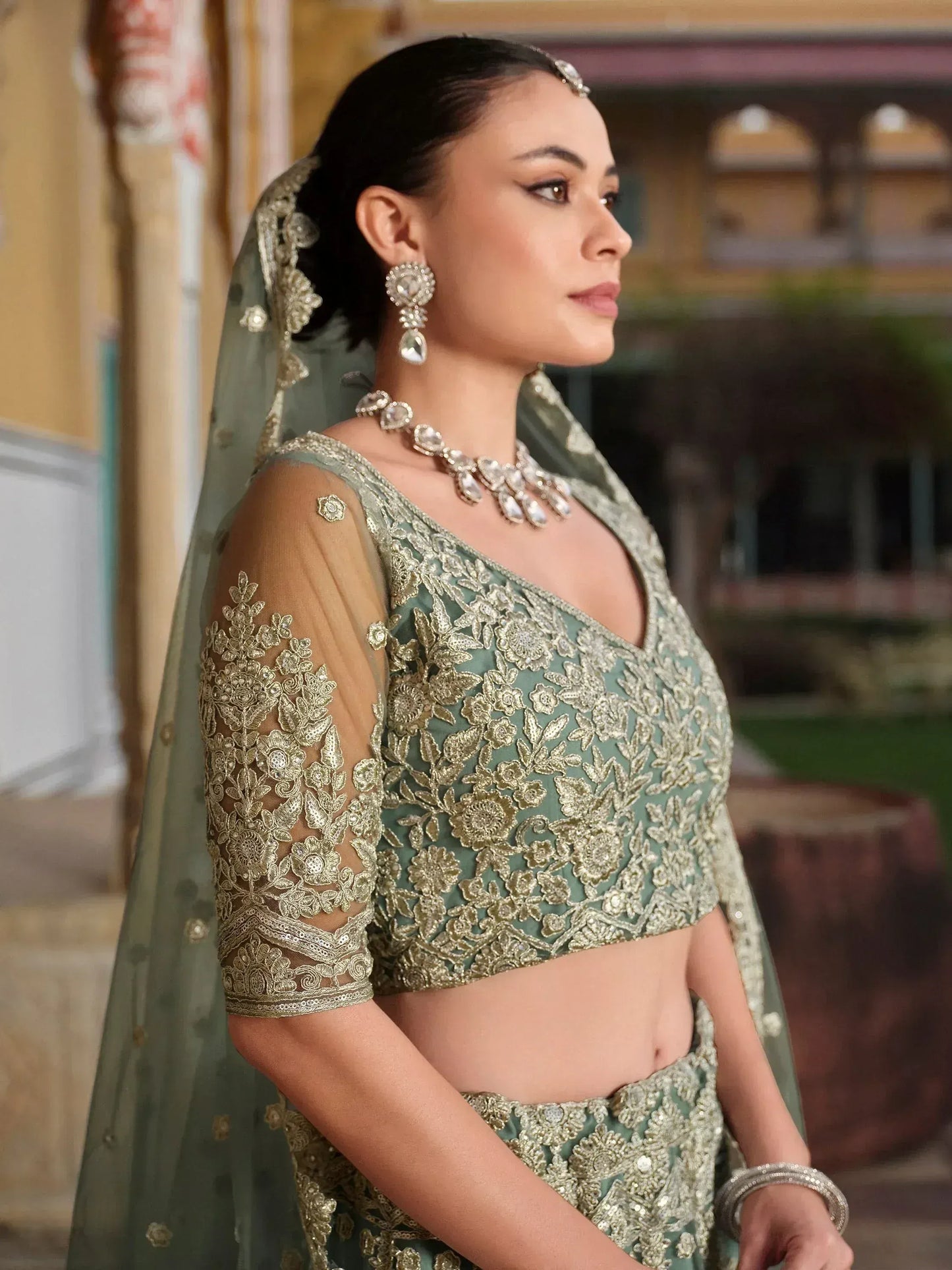 Zari Work Net Bridesmaid Lehenga Choli With Dupatta - Pista Green, Purple, Teal Green