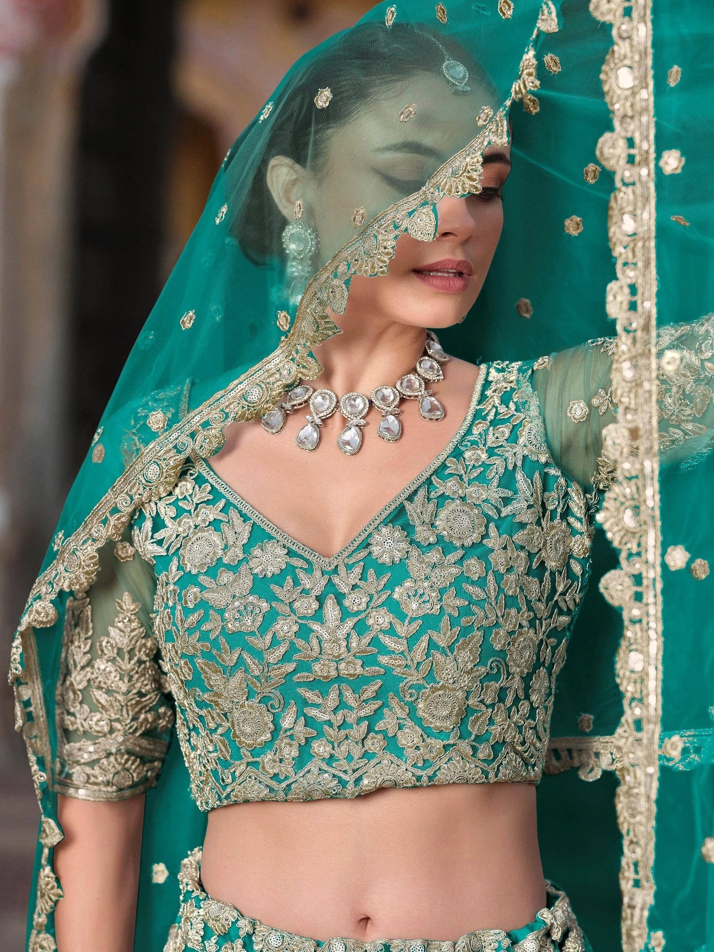 Zari Work Net Bridesmaid Lehenga Choli With Dupatta - Pista Green, Purple, Teal Green