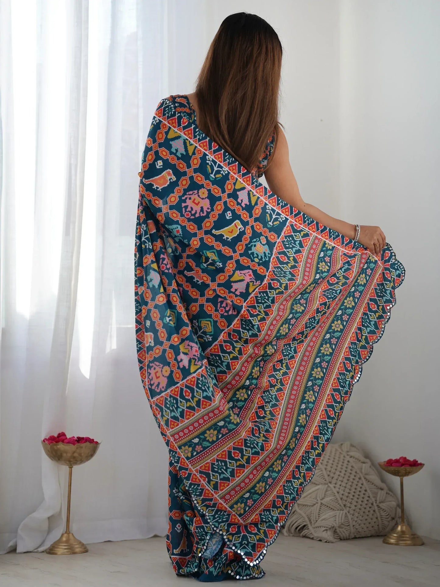 Astonishing Navy Blue Digital Printed Chinon Saree With Blouse