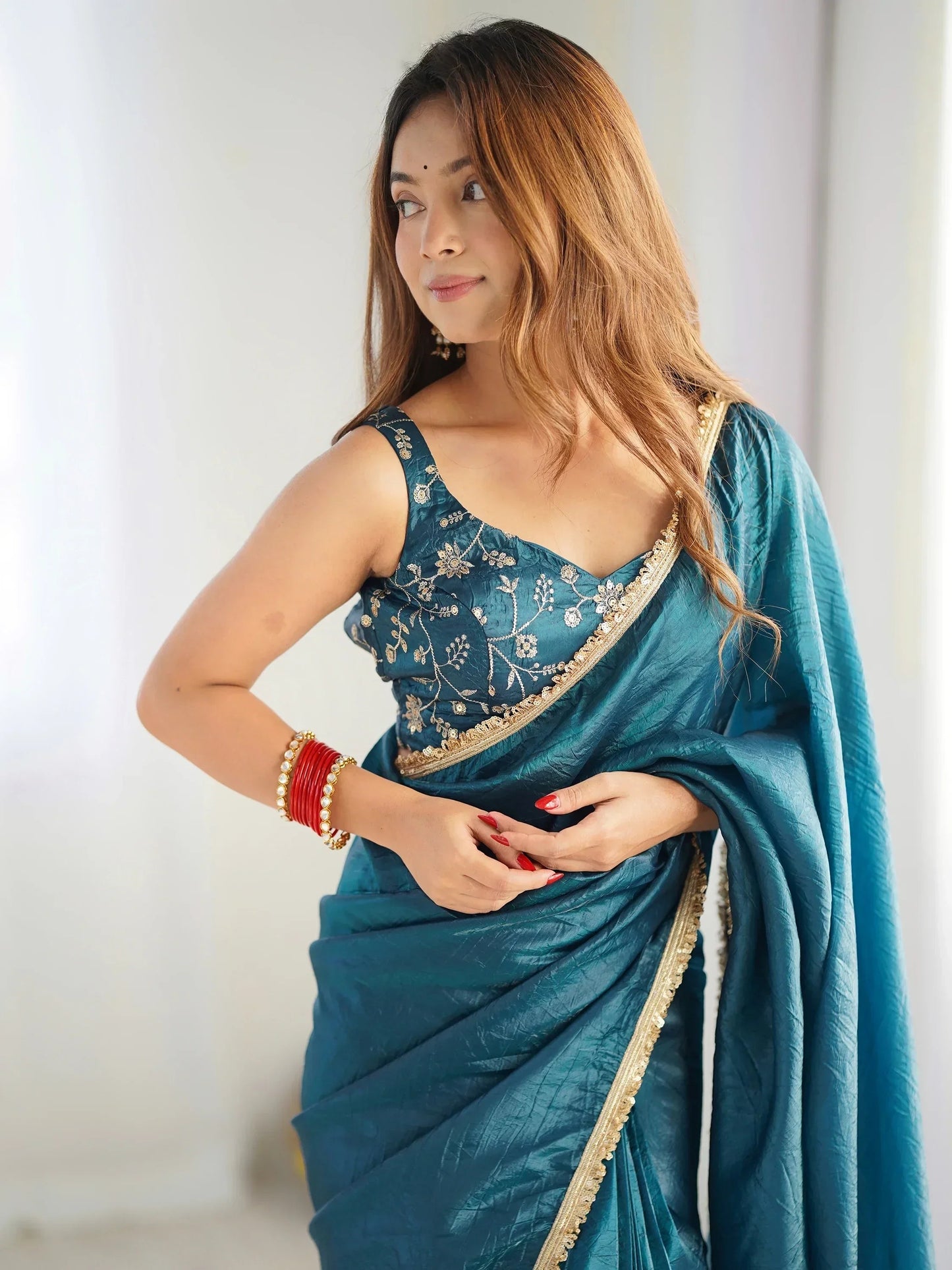 Teal Blue Tissue Silk Pre Stitched Saree With Blouse
