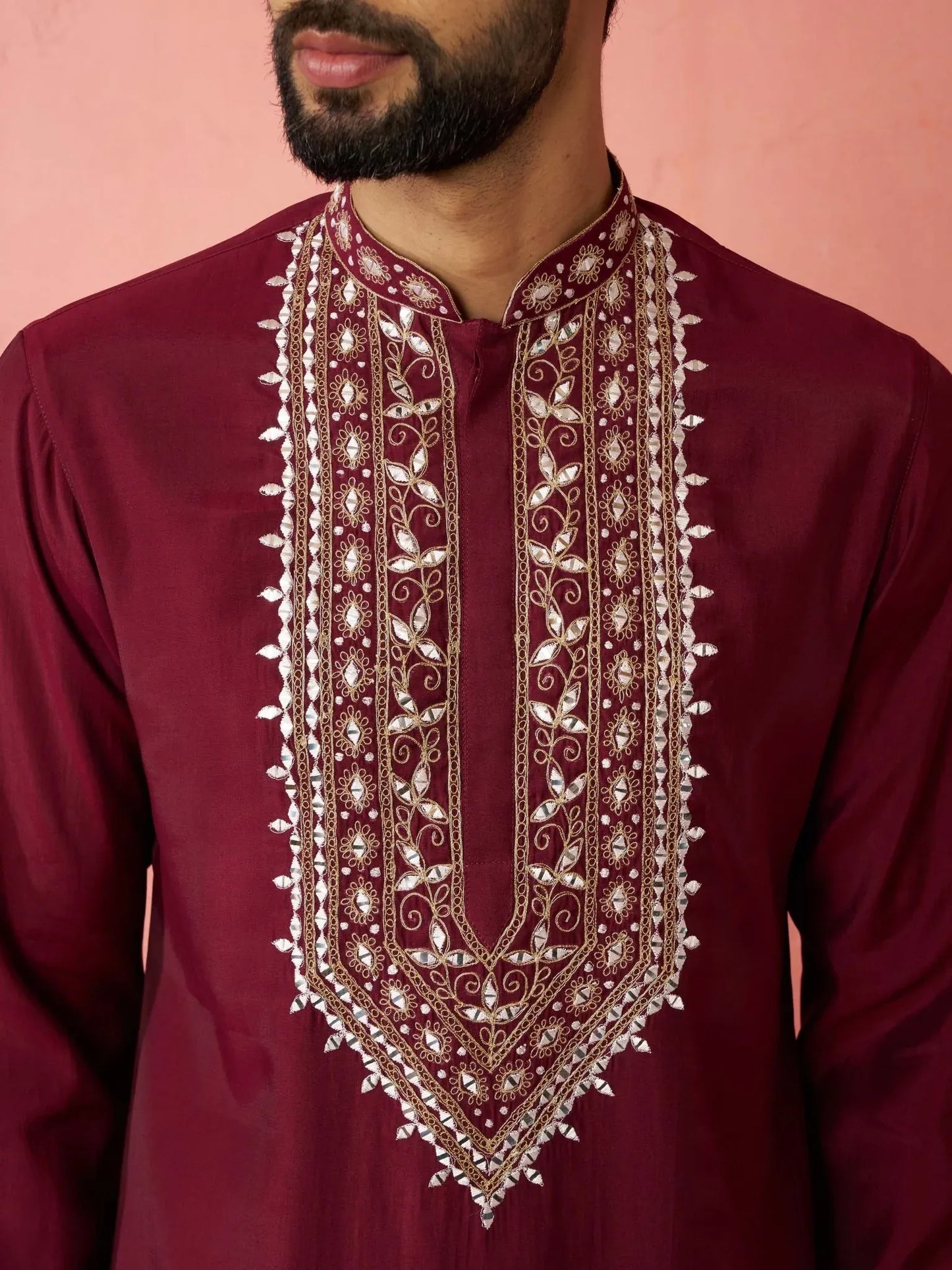 Men's chanderi kurta set with cream pant, view 2