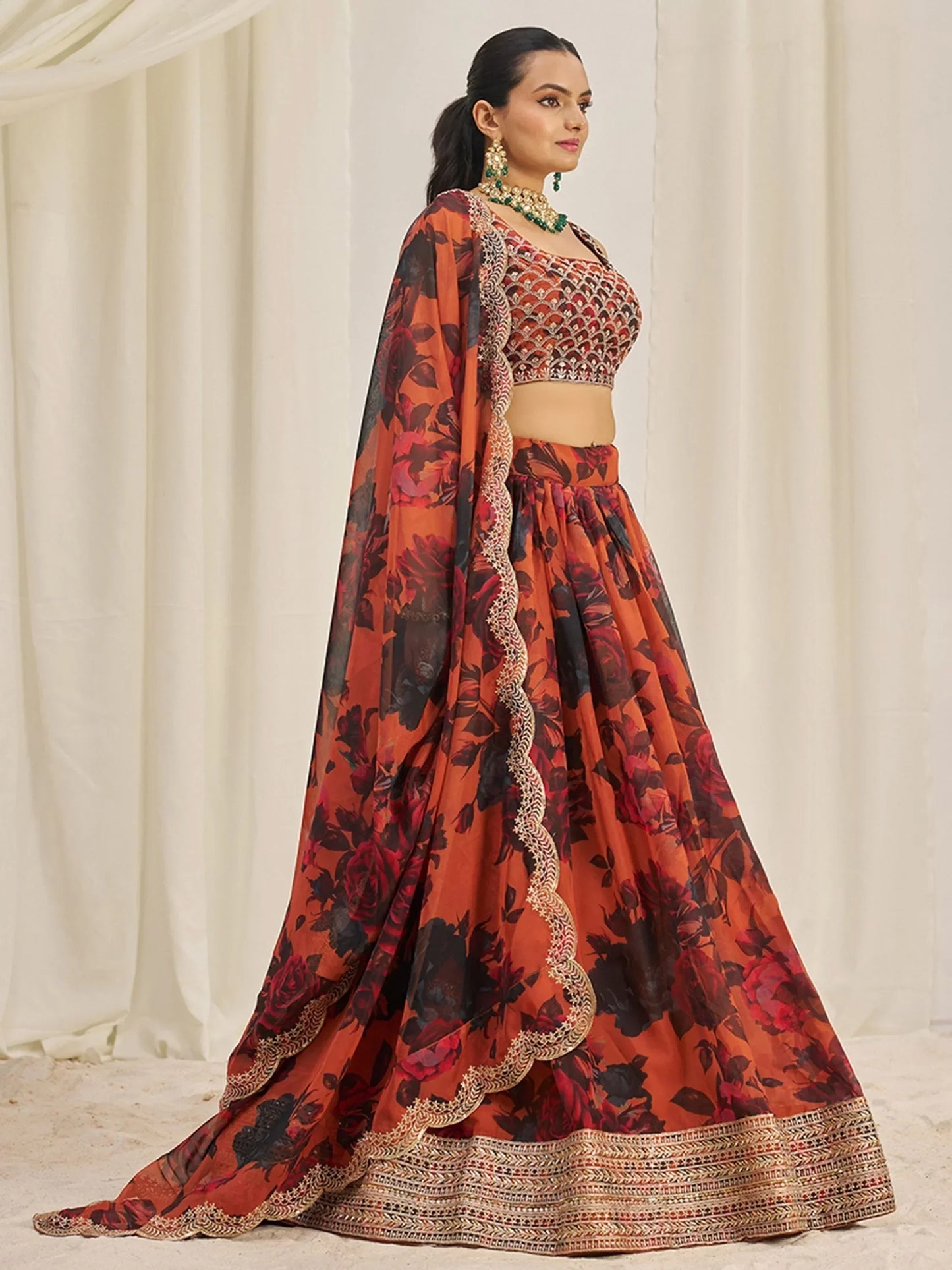 Stunning Orange Sequins Organza Party Wear Lehenga Choli With Dupatta