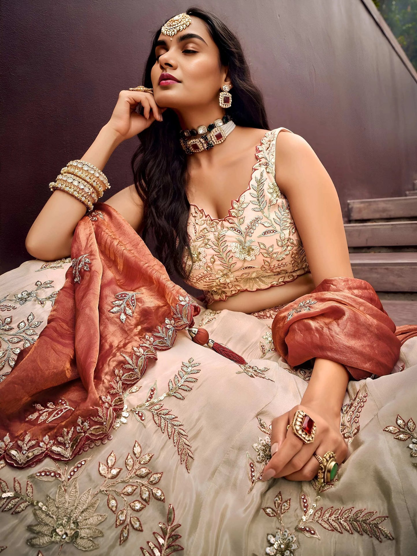 Precious Soft Beige Embroidered Silk Wedding Wear Lehenga Choli