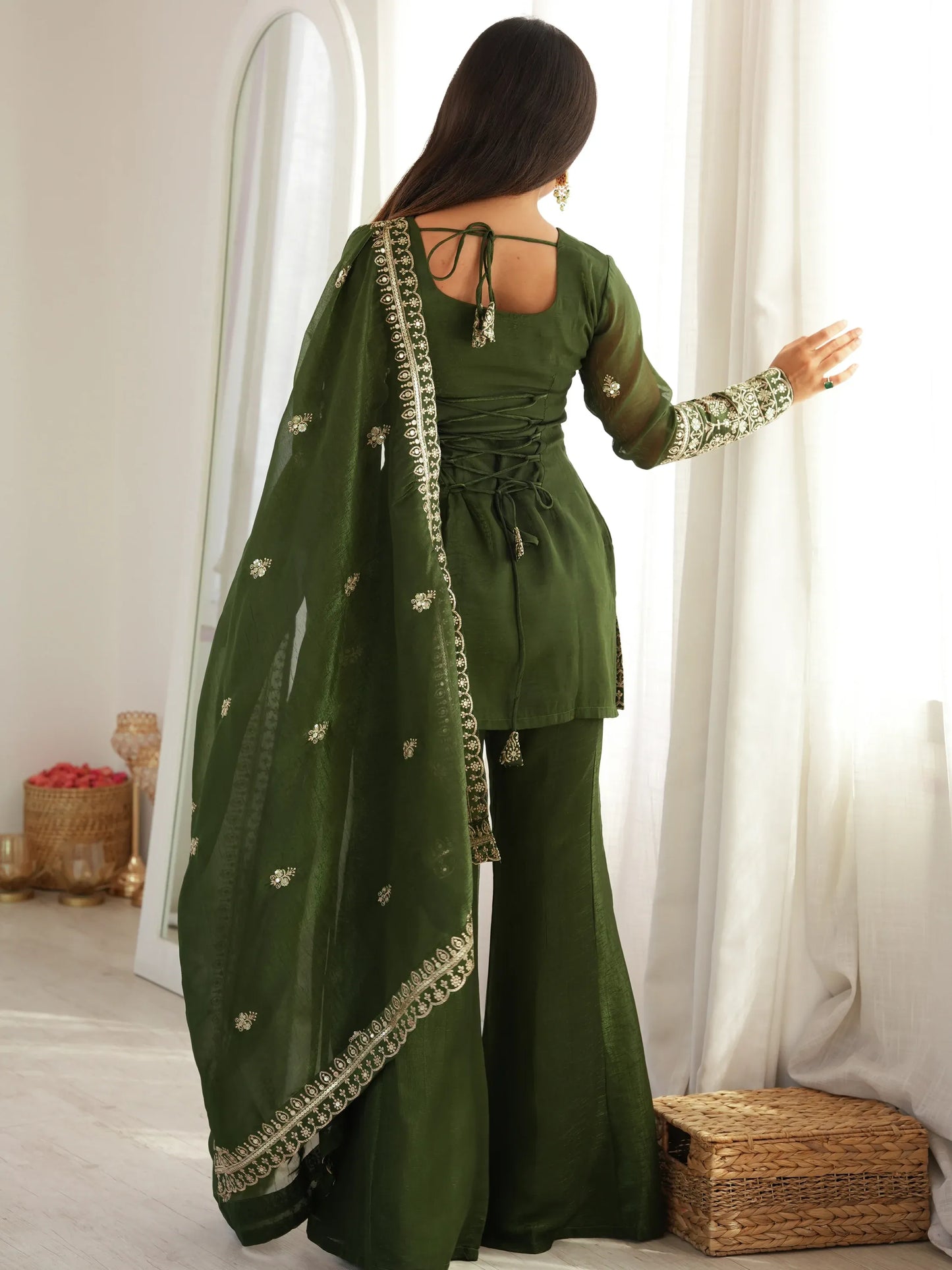 Green Zari Work Silk Mehendi Wear Palazzo Suit