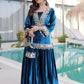 Teal blue and purple velvet mirror work sharara set for women, festive party wear, view 11