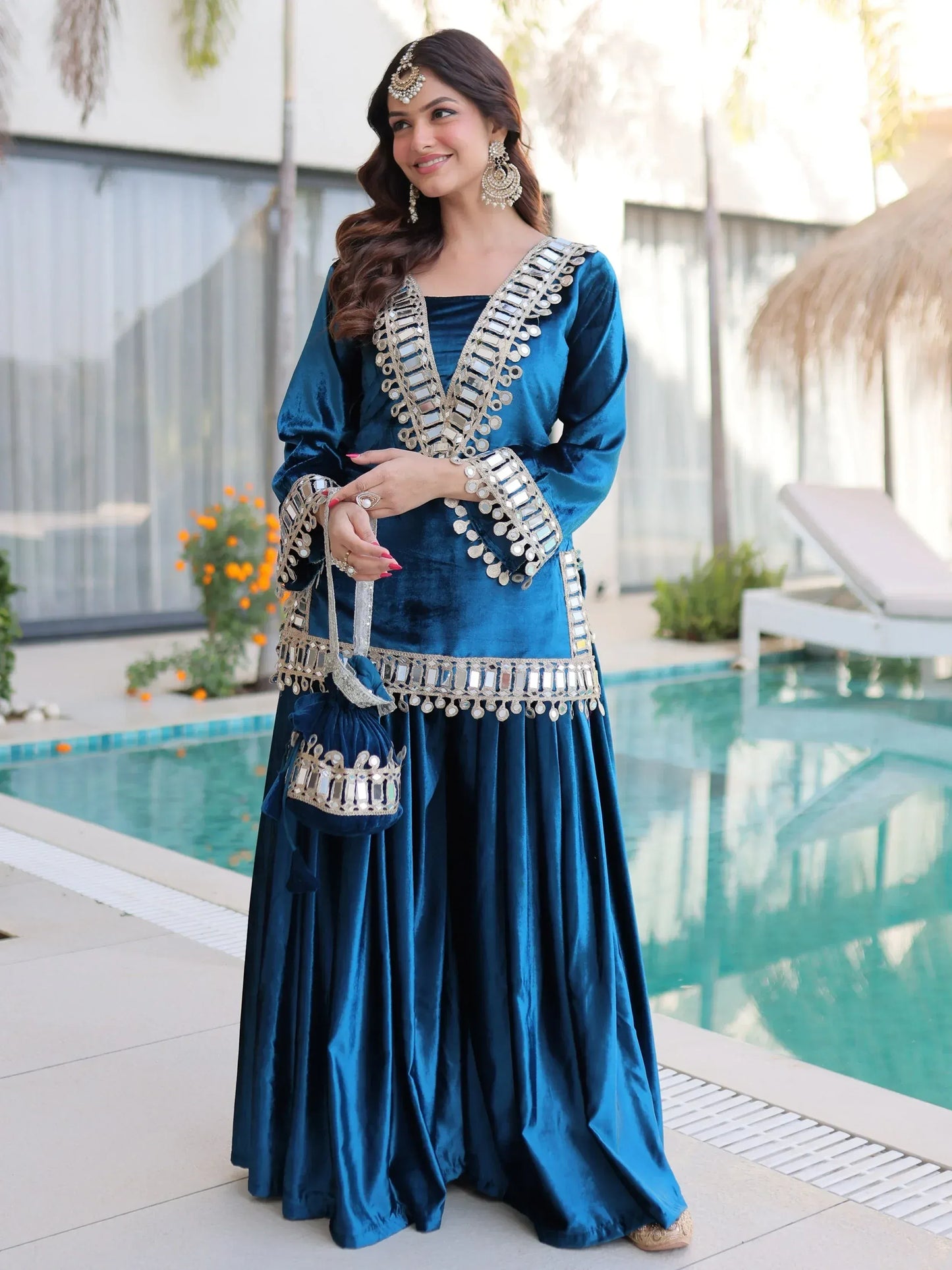 Teal blue and purple velvet mirror work sharara set for women, festive party wear, view 11