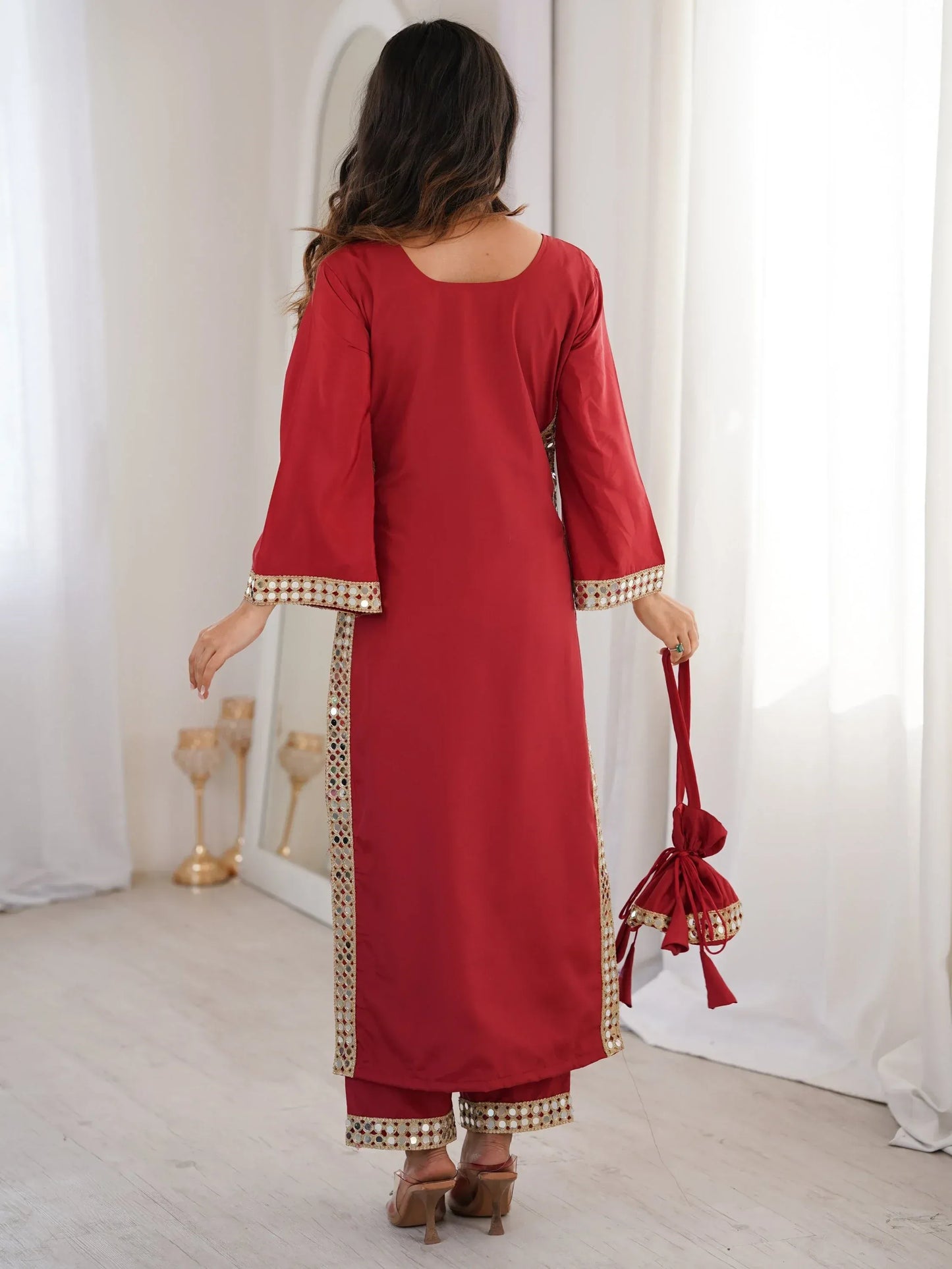 Stylish Mirror Laced Crepe Wedding Wear Kurti With Pant