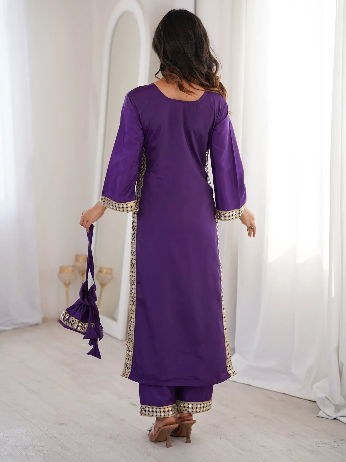 Stylish Mirror Laced Crepe Wedding Wear Kurti With Pant