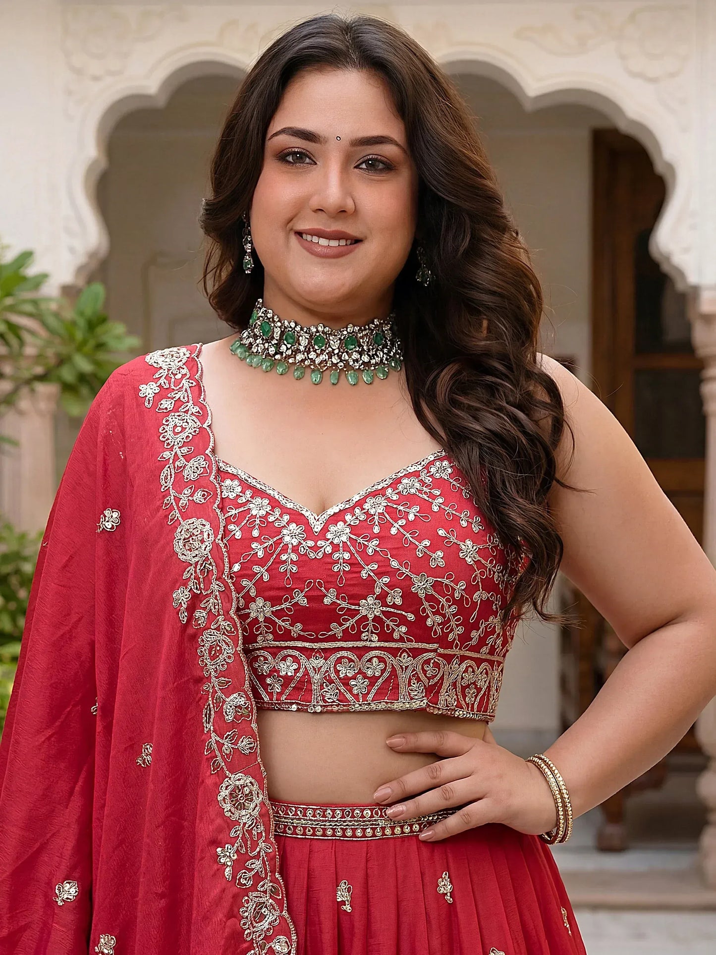 Adorable Red Embroidered Chinon Engagement Wear Plus Size Lehenga Choli