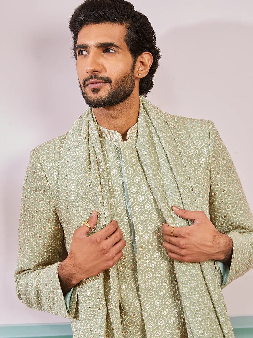 Men's Pista Green Rayon Indo Western, Pyjama & Dupatta Set
