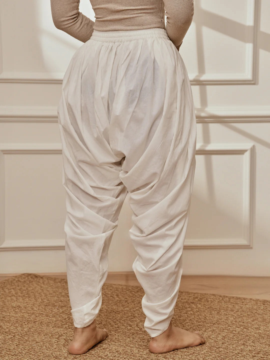 Womens White Cambric Cotton Dhoti Yoga Pants
