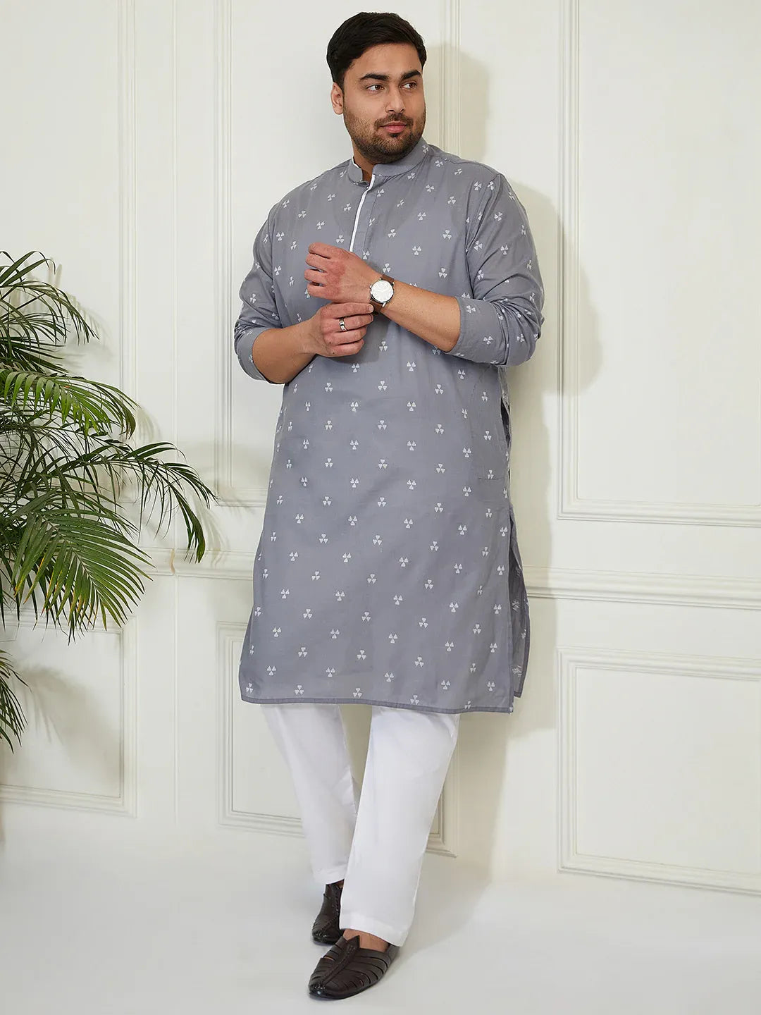 Plus Men's Grey And White Cotton Kurta Pyjama Set