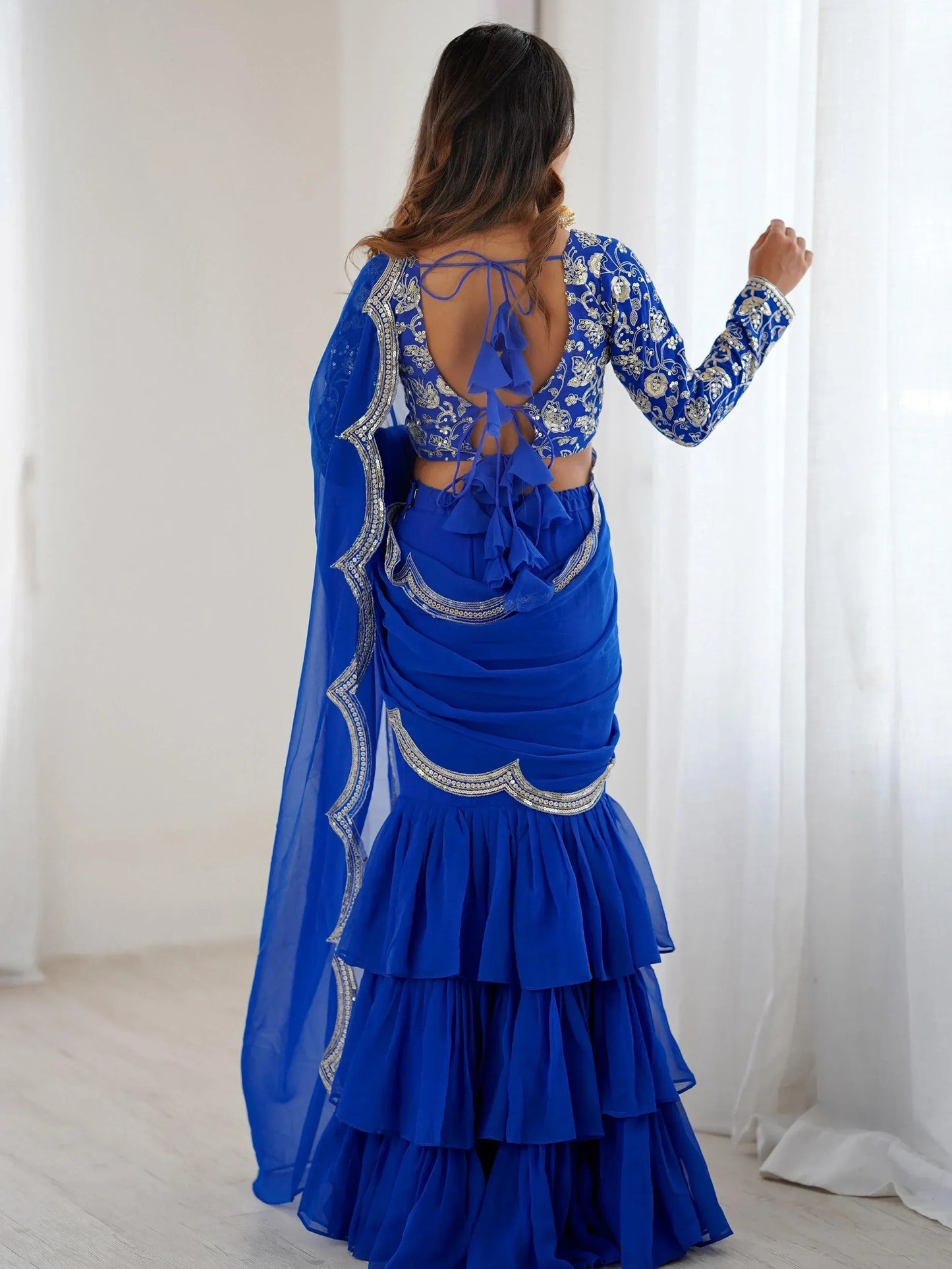 Blue Sequins Georgette Wedding Wear Lehenga Saree