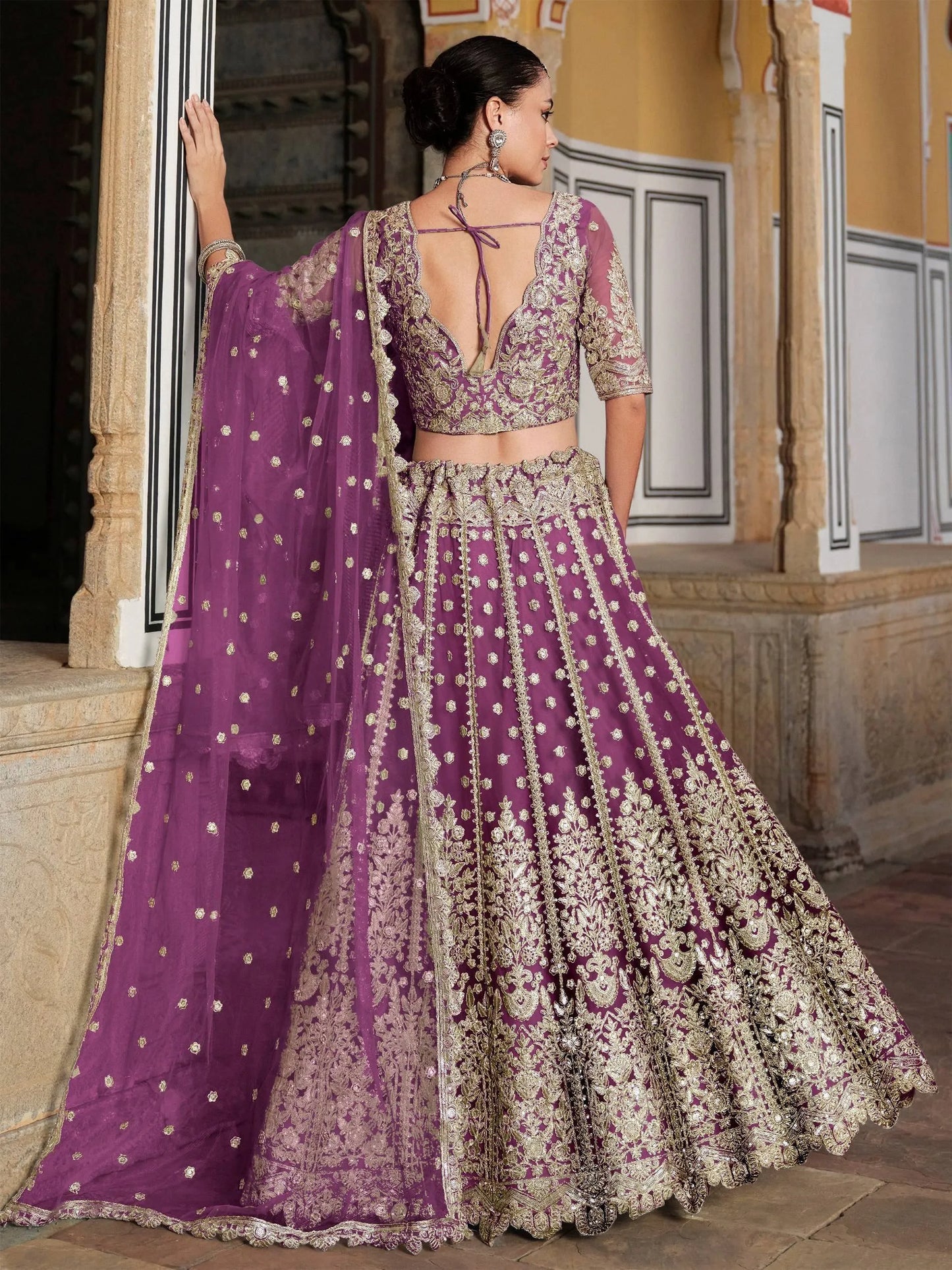 Zari Work Net Bridesmaid Lehenga Choli With Dupatta - Pista Green, Purple, Teal Green