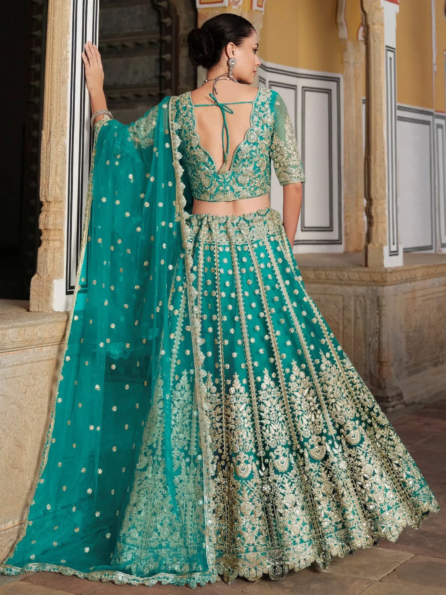 Zari Work Net Bridesmaid Lehenga Choli With Dupatta - Pista Green, Purple, Teal Green