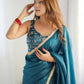 Teal Blue Tissue Silk Pre Stitched Saree With Blouse