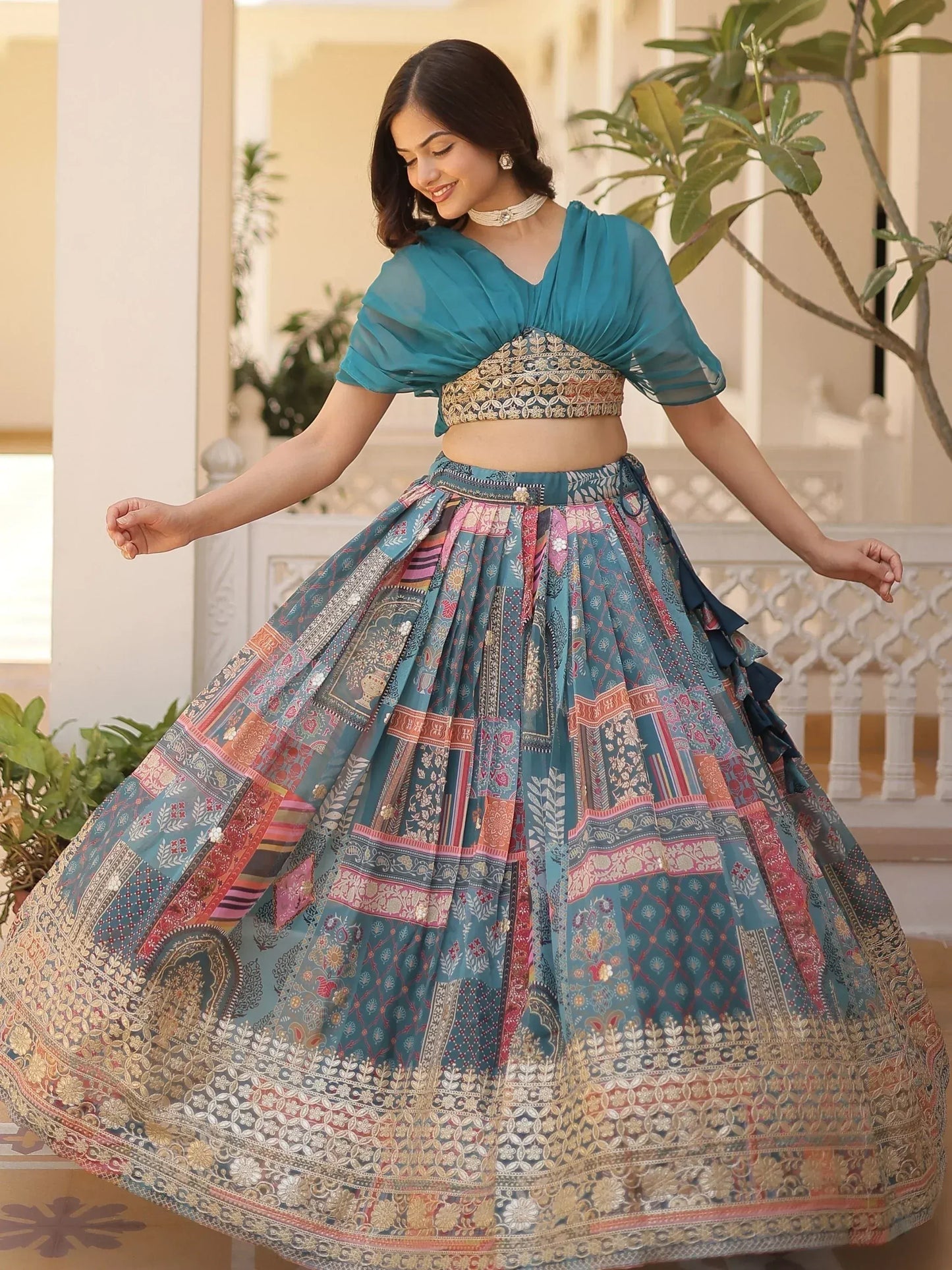 Digital Printed Silk Designer Crop Top Lehenga