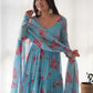 Beautiful Sky-Blue Floral Printed Georgette Anarkali Pant Suit