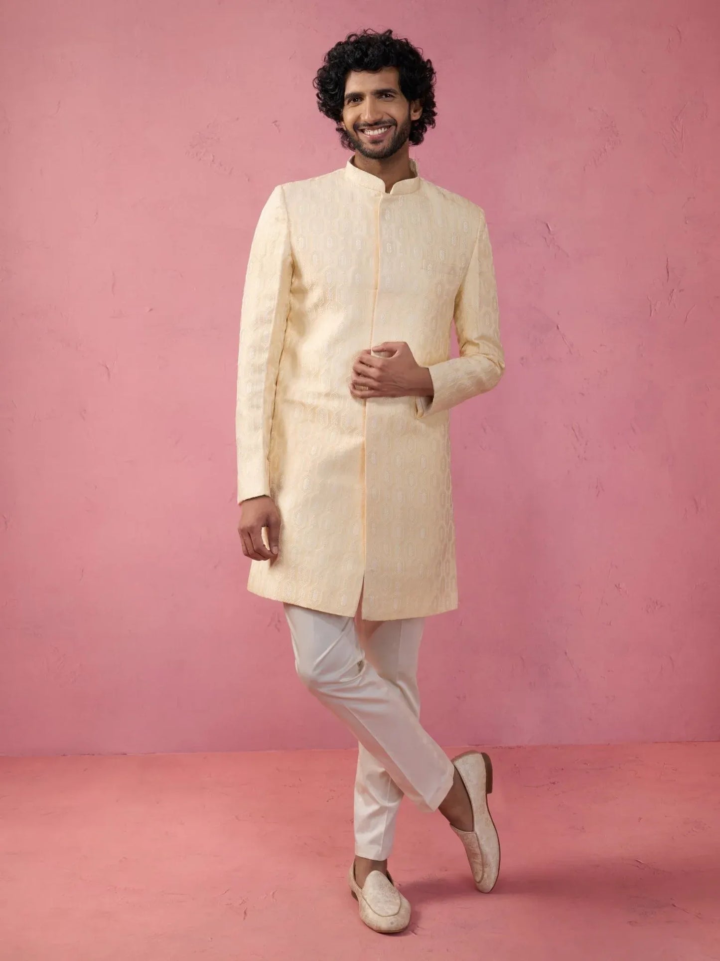 Men's Jacquard Indo-Western Kurta with Cream Trousers