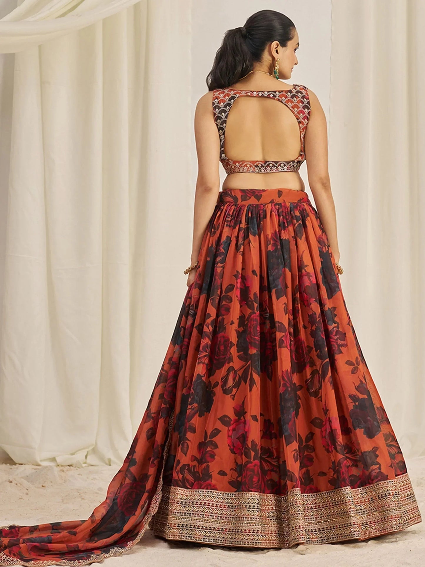 Stunning Orange Sequins Organza Party Wear Lehenga Choli With Dupatta